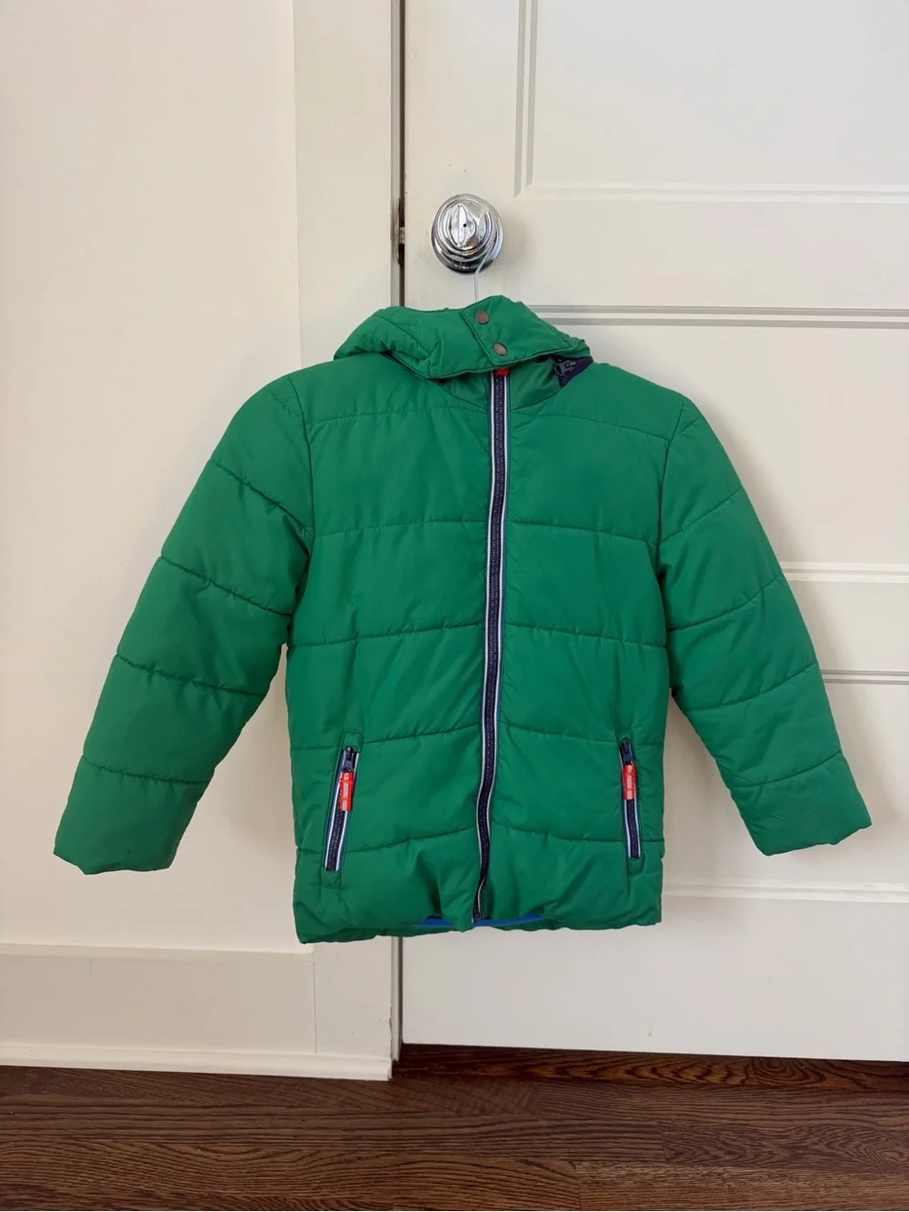 Mini Boden Green Hooded Puffer Jacket with Contrast Zippers